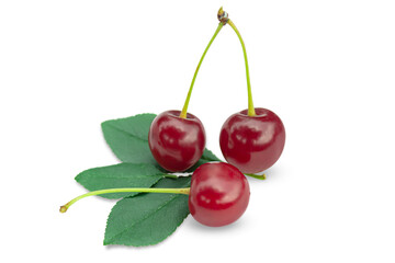 Ripe fresh cherry with foliage isolated on transparent background.