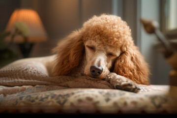 Poodle dog lying sleeping on bed head down