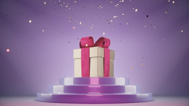 3D Gift Box Zooming In on Podium.
A 3D rendering of a gift box. The gift box is wrapped in golden paper with a red ribbon. Holidays and gifts concept. 4K Ultra HD 3840x2160.