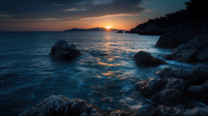 Obraz premium The sky erupts in vibrant colors, as the sun sets over the Pacific Ocean, at Sunrise.