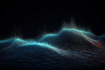 Abstract blue wireframe lines with bright dots connecting digital neural network. Digital surface with blue glowing flowing dynamic grid waves