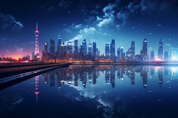 Photography of cityscapes with skyscrapers illuminated at night, Generative AI