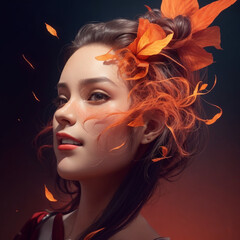 A captivating woman with vibrant orange hair adorned with leaves, exuding an enchanting and nature-inspired allure.
