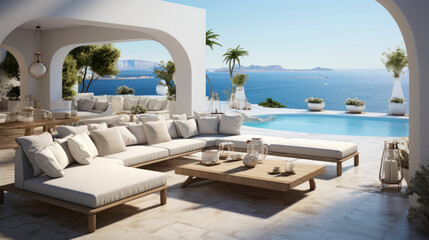 Minimalist greek resort by the sea. Indoor outdoor space with lounging furniture, with cushions and throw.  - obrazy, fototapety, plakaty