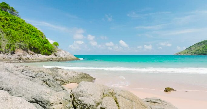 Nature video cinematic scene of Empty Beach sea cinematic scene beautiful empty beach drone move front above rock beach 4K DCI ProRes422