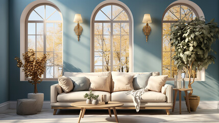 Beige sofa in room with blue wall, arched window and high ceiling, Interior design of modern living room