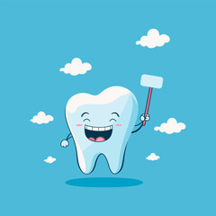 Joyful tooth with a hammer. Cartoon tooth on a blue background. Vector illustration