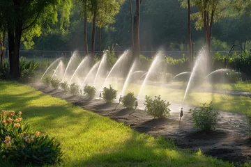 Foto auf Glas Green lawn automatic irrigation system in park. Watering lawn at hot summer. Outdoors. Generative AI. © svetlana_cherruty