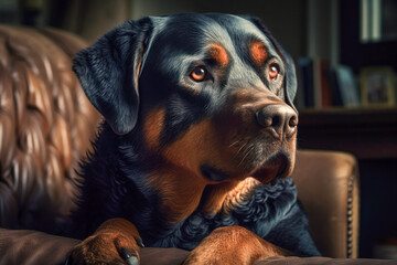 Rottweiler dog lying on couch looking away