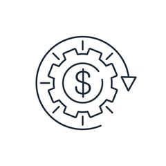 Gear, arrow, dollar, finance mechanism management. Make profit, money. Cost optimization. Vector linear icon isolated on white background.