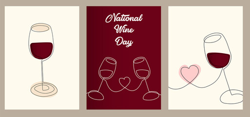 Wine glass poster in line art style, one solid line. Modern design. National Wine Day. Holiday concept, logo. Template for background, banner, card, poster with text inscription.