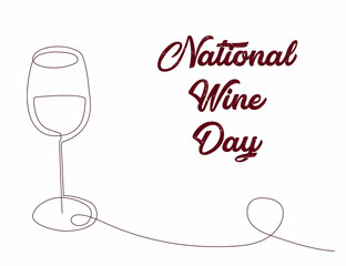Wine glass poster in line art style, one solid line. Modern design. National Wine Day. Holiday concept, logo. Template for background, banner, card, poster with text inscription.