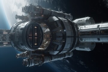 Space station future technology sci-fi, humans in space background concept generative ai