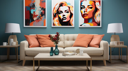 Pop art style interior design of modern living room with two beige sofas