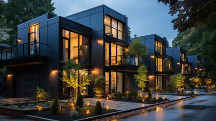 Modern modular private black townhouses, Residential architecture exterior - obrazy, fototapety, plakaty
