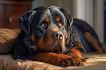 Fototapeta premium Rottweiler dog lying on bed head down