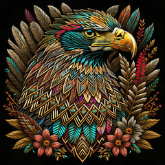 Western Wilderness eagle, Indigenous American, Illustration, trendy wildflower botanical elements, enclosed garden, vibrant colors, poster size, poster print, metallic thread. 
