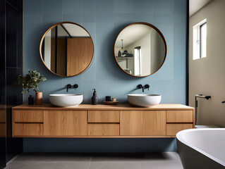 Ensuite bathroom with wall mounted timber vanity and blue sink and pill shaped mirrors. Luxury hotel.