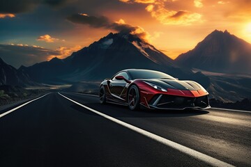 Naklejka premium Fast sports car on road with shaped mountains in background, travel abroad concept.