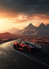 Fototapeta na wymiar Fast sports car on road with shaped mountains in background, travel abroad concept.