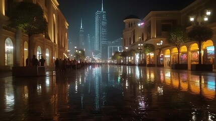 Fototapeta na wymiar Dubai city square at night with skyscraper background busy nightlife. Generative AI.