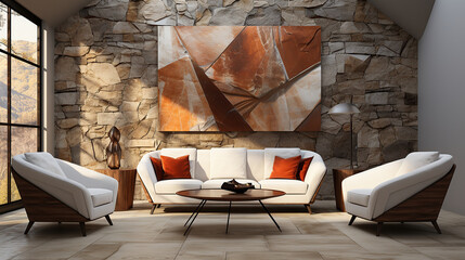 Velvet sofa and two white barrel chairs near abstract 3d panel stone wall. Art deco interior design of modern living room