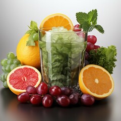 Fresh juice pours from fruit and vegetables into the glass isolated on white background
