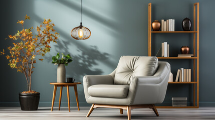Wooden shelf unit and gray armchair, Scandinavian style interior design of modern living room