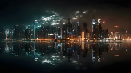 Fototapeta na wymiar City skyline during night time with reflection on the water. Busy night life. Generative AI.
