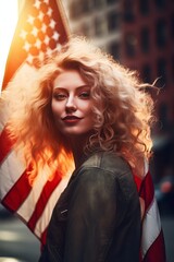 Naklejka premium American Girl with Thumbs Up, Wrapped in the American Flag, Embracing the Wavy, Red, and Light Amber Style Against the New York City Sunset