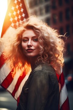 American Girl with Thumbs Up, Wrapped in the American Flag, Embracing the Wavy, Red, and Light Amber Style Against the New York City Sunset