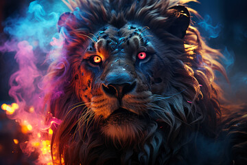 Aggressive mystical angry lion on a dark background with smoke and fire