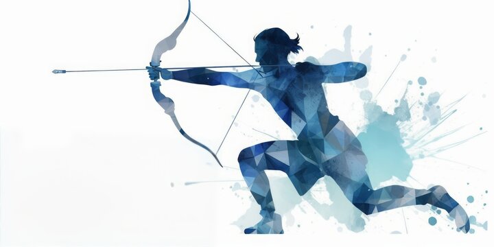 Blue  aquarelle Modern Olympic Archer Shooting with Precision, Captured in the Style of Digital Airbrushing, Embodying the Dynamic Spirit of Archery in Sports Art