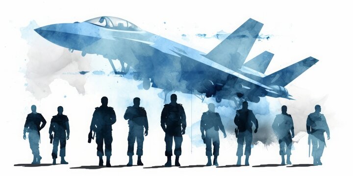 Blue  aquarelle of Modern Airforce Soldiers and Jet Fighter, Showcased with Digital Airbrushing, Portraying the Strength and Precision of Military Aviation