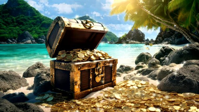Treasure chest and treasure box in beautiful island beach full gold treasure, chest, box, gold, pirate, old, wooden, o