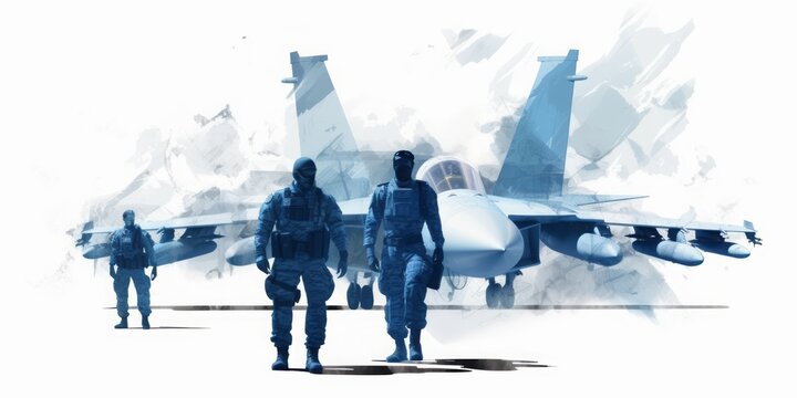 Blue  aquarelle of Modern Airforce Soldiers and Jet Fighter, Showcased with Digital Airbrushing, Portraying the Strength and Precision of Military Aviation