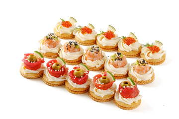 canape set with tiger shrimp, salmon, red caviar on white background for food delivery restaurant menu