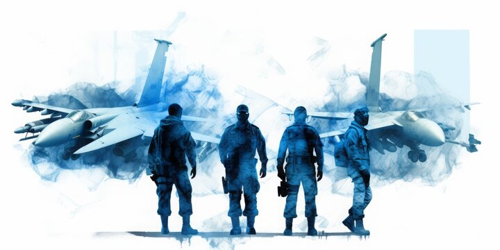 Blue  aquarelle of Modern Airforce Soldiers and Jet Fighter, Showcased with Digital Airbrushing, Portraying the Strength and Precision of Military Aviation