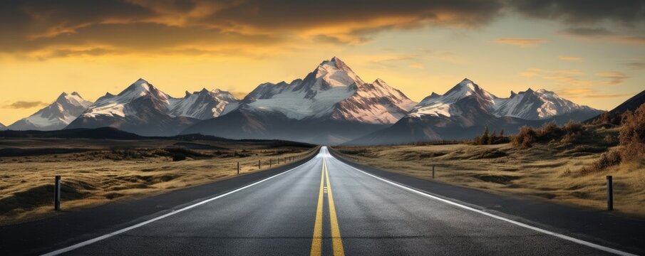 Empty straight road with shaped mountains in background, travel abroad concept. Wallpaper. © annamaria
