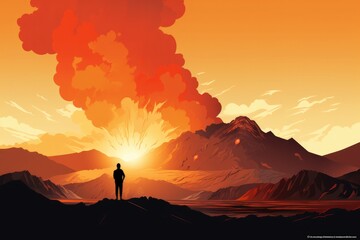 Silhouette of human standing in front of active vulcano during sunset time.