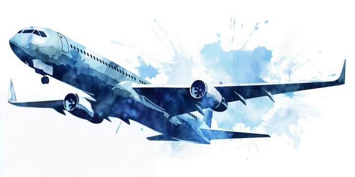 Blue  aquarelle Plane Silhouettes at the Airport, Crafted in the Artistic Style of Digital Airbrushing, Representing the Elegance and Serenity of Air Travel