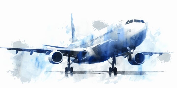 Blue  aquarelle Plane Silhouettes at the Airport, Crafted in the Artistic Style of Digital Airbrushing, Representing the Elegance and Serenity of Air Travel