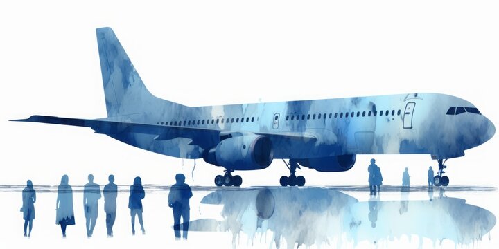 Blue  aquarelle Plane Silhouettes at the Airport, Crafted in the Artistic Style of Digital Airbrushing, Representing the Elegance and Serenity of Air Travel