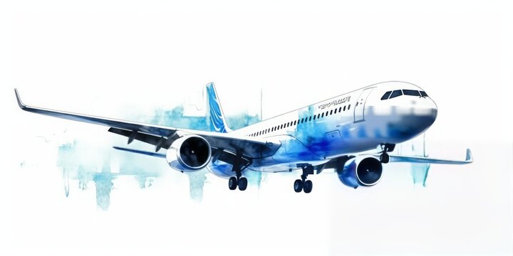 Blue  aquarelle Plane Silhouettes at the Airport, Crafted in the Artistic Style of Digital Airbrushing, Representing the Elegance and Serenity of Air Travel