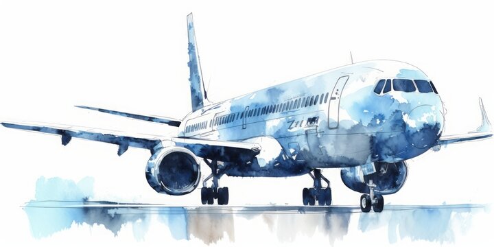 Blue  aquarelle Plane Silhouettes at the Airport, Crafted in the Artistic Style of Digital Airbrushing, Representing the Elegance and Serenity of Air Travel