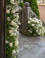 wedding exterior at the bride's house with flower decoration