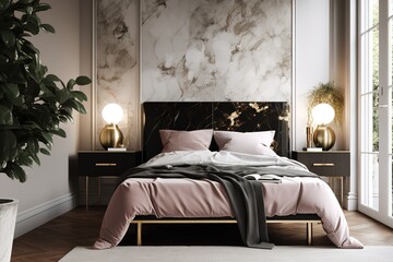 luxurious bedroom with elegant marble flooring and dramatic black wall. Generative AI
