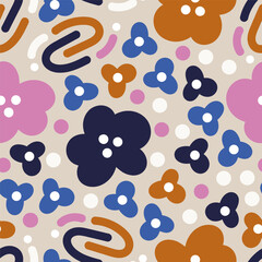 Modern vector seamless pattern with flowers. Colorful abstract flowers trendy background. Simple shapes hand drawn flowers repeatable backdrop for surface design