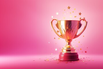 Generative AI, Winner trophy with flames, pink golden champion cup with falling confetti on pink background	
