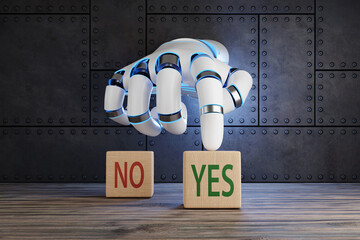 Robot arm pointing a YES wooden block instead of a NO wooden cube on wood table with metallic plate as background. Illustration of the concept of artificial intelligence (AI) decision making